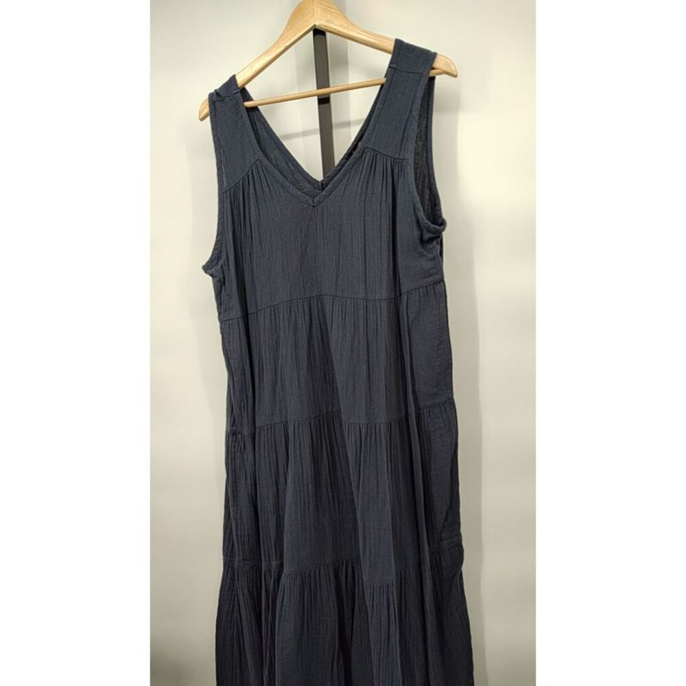 Quince Womens 100% Organic Cotton Gauze Tiered Maxi Dress Indigo Blue L